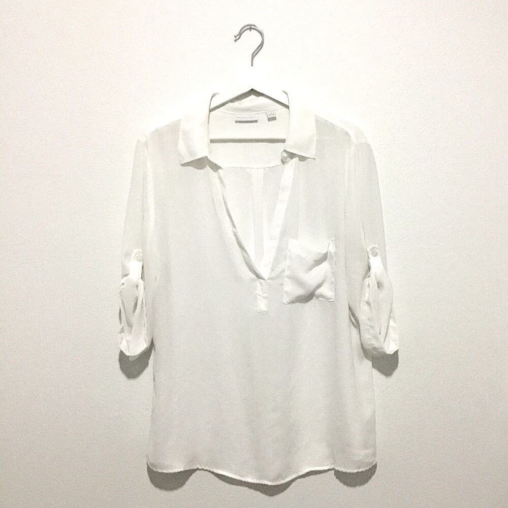 NY & Co. Woman's Long Sleeve Blouse Pretty Top Sexy V-Neck White Size X-Large